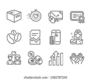 Set of Business icons, such as Computer mouse, Currency exchange, Contactless payment, Nurse, Coffee, Coffee beans, Office box, Certificate, Timer, Couple love, Analysis graph line icons. Vector