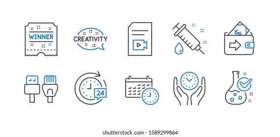 Set of Business icons, such as Computer cables, Creativity, Video file, Safe time, Medical syringe, Wallet, Calendar, 24h delivery, Winner ticket, Chemistry lab line icons. Vector