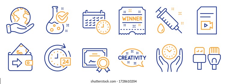 Set of Business icons, such as Computer cables, Creativity. Certificate, save planet. Video file, Safe time, Medical syringe. Wallet, Calendar, 24h delivery. Vector
