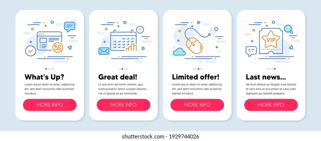 Set of Business icons, such as Computer mouse, 5g internet, Calendar graph symbols. Mobile app mockup banners. Vip ticket line icons. Pc device, Wifi quality, Annual report. Vector