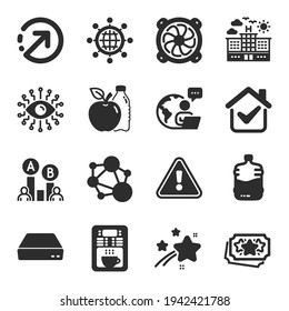 Set of Business icons, such as Computer fan, Coffee maker, Ab testing symbols. Artificial intelligence, Cooler bottle, Mini pc signs. Direction, Loyalty points, International globe. Hotel. Vector