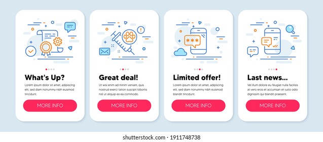 Set of Business icons, such as Construction document, Phone password, Dog vaccination symbols. Mobile screen app banners. Smartphone notification line icons. Vector