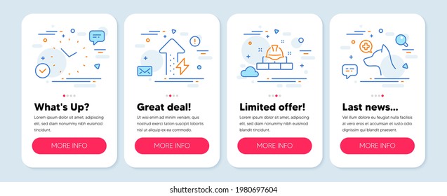 Set of Business icons, such as Construction bricks, Energy growing, Time symbols. Mobile app mockup banners. Veterinary clinic line icons. Builder, Power usage, Clock. Pets medicine. Vector