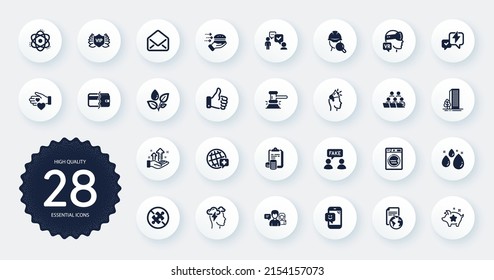 Set of Business icons, such as Consulting business, Judge hammer and World medicine flat icons. Water drop, Laundry, Food delivery web elements. Buildings, Inspect, No puzzle signs. Vector