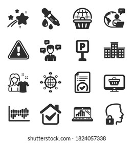 Set of Business icons, such as Conversation messages, Company, Logistics network symbols. Parking, Graph laptop, Clean shirt signs. Web shop, Approved document, Column diagram flat icons. Vector
