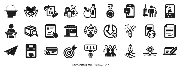 Set of Business icons, such as Copyright laptop, Crane claw machine, Internet report icons. Hold box, Payment method, Medal signs. Loan percent, Search package, Healthy food. Coffee maker. Vector