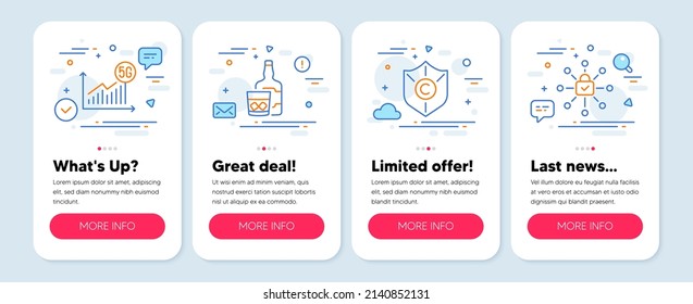 Set of Business icons, such as Copyright protection, 5g statistics, Whiskey glass symbols. Mobile screen banners. Security lock line icons. Shield, Wifi chart, Scotch drink. Cyber network. Vector