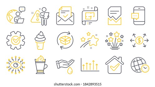 Set of Business icons, such as Corrupted file, Approved mail, Return parcel symbols. Artificial intelligence, Time zone, Wash hands signs. Architectural plan, Latte coffee, Dollar exchange. Vector