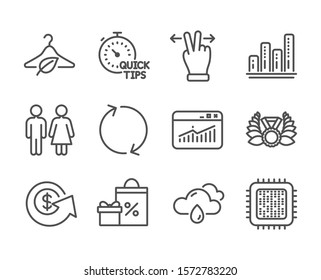 Set of Business icons, such as Cpu processor, Restroom, Touchscreen gesture, Laureate medal, Quick tips, Shopping, Slow fashion, Rainy weather, Refresh, Dollar exchange, Graph chart. Vector