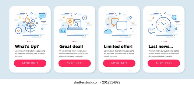 Set of Business icons, such as Creativity, Medical help, Speech bubble symbols. Mobile screen banners. 24 hours line icons. Design idea, Medicine laptop, Chat message. Time. Creativity icons. Vector