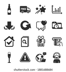 Set of Business icons, such as Credit card, Search files, Heart symbols. Survey, Dot plot, Champagne glass signs. Support, Free delivery, Reload. Download, Beer bottle, Time management. Vector