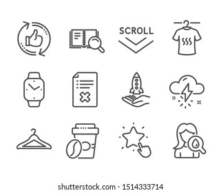 Set of Business icons, such as Crowdfunding, Dry t-shirt, Refresh like, Search book, Takeaway coffee, Thunderstorm weather, Smartwatch, Moisturizing cream, Reject file, Scroll down. Vector