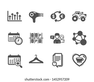 Set of Business icons, such as Currency exchange, People talking, Hair dryer, Integrity, Tractor, Parking place, Medical calendar, Calendar, Growth chart, Search file, Love coffee. Vector