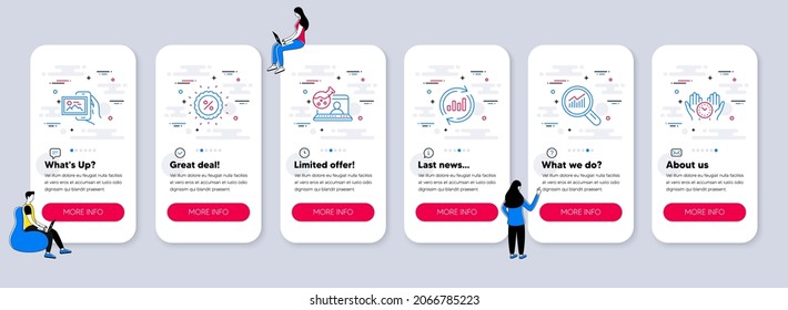 Set of Business icons, such as Data analysis, Online chemistry, Image album icons. UI phone app screens with teamwork. Discount, Update data, Safe time line symbols. Vector