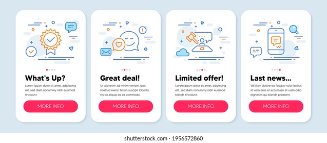 Set of Business icons, such as Dating, Certificate, Judge hammer symbols. Mobile app mockup banners. Message line icons. Love messenger, Verified award, Judgement. Phone messenger. Vector