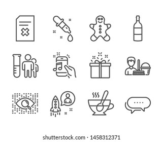 Set of Business icons, such as Delete file, Special offer, Chemistry pipette, Startup, Dots message, Gingerbread man, Artificial intelligence, Tea cup, Medical analyzes, Music phone. Vector
