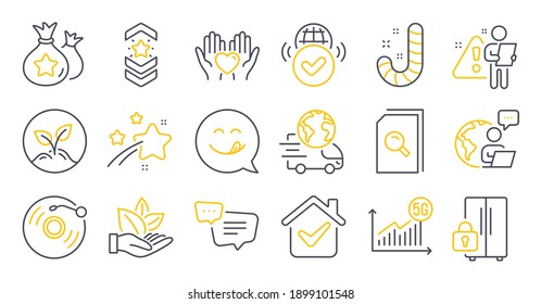Set of Business icons, such as Delivery service, Text message, 5g statistics symbols. Hold heart, Refrigerator, Startup signs. Organic product, Vinyl record, Shoulder strap. Search files. Vector