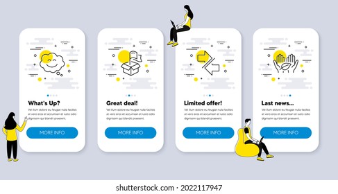 Set of Business icons, such as Delivery location, Synchronize, Smile chat icons. UI phone app screens with people. Fair trade line symbols. Parcel shipping, Communication arrows, Happy face. Vector
