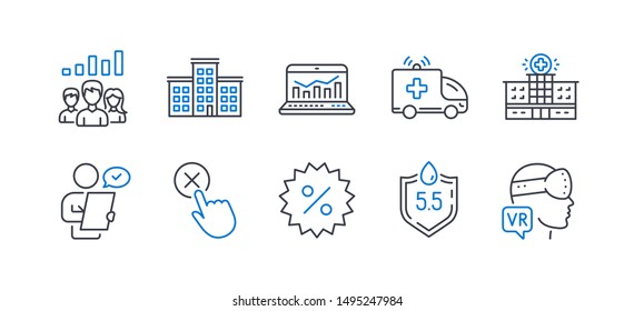 Set of Business icons, such as Discount, Ph neutral, Customer survey, Reject click, Ambulance car, Teamwork results, Web analytics, Hospital building, Company, Augmented reality. Vector