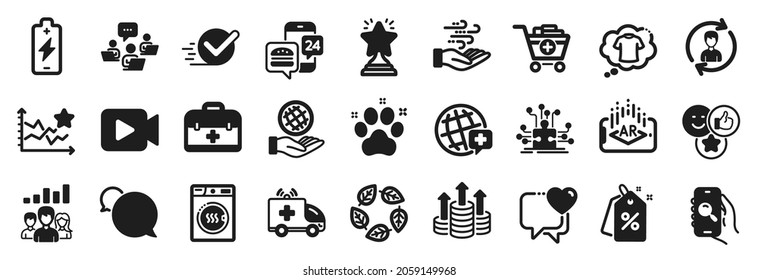 Set of Business icons, such as Discount tags, World medicine, Heart icons. First aid, Human resources, Search app signs. Checkbox, Safe planet, Teamwork results. Augmented reality, T-shirt. Vector