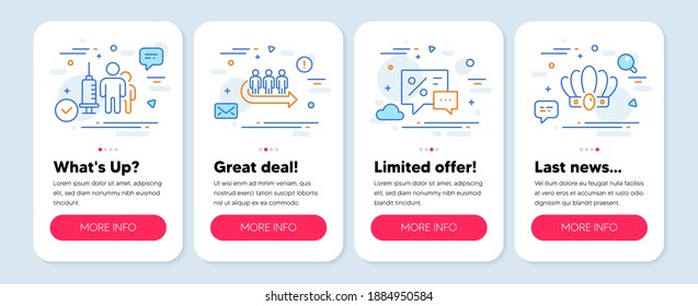 Set of Business icons, such as Discounts, Medical vaccination, Queue symbols. Mobile app mockup banners. Crown line icons. Best offer, Syringe vaccine, People waiting. Monarchy king. Vector