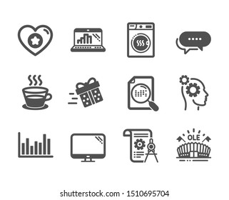 Set of Business icons, such as Divider document, Dryer machine, Thoughts, Search file, Coffee cup, Computer, Present delivery, Heart, Dots message, Graph laptop, Sports arena, Bar diagram. Vector