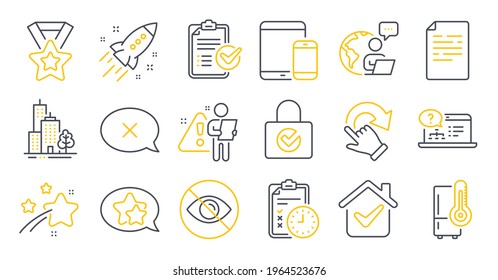 Set of Business icons, such as Document, Online help, Star symbols. Password encryption, Survey checklist, Mobile devices signs. Not looking, Exam time, Rotation gesture. Reject. Vector
