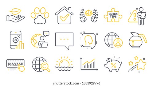 Set of Business icons, such as Dog paw, Justice scales, Graph symbols. Leaf, International recruitment, International Ð¡opyright signs. Blog, Seo phone, Computer keyboard. Loan percent. Vector