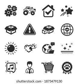 Set of Business icons, such as Dog competition, Businessman, Tractor symbols. Packing boxes, Clean skin, Shopping cart signs. Cogwheel, Musical note, Opened box. Sun energy, Love message. Vector