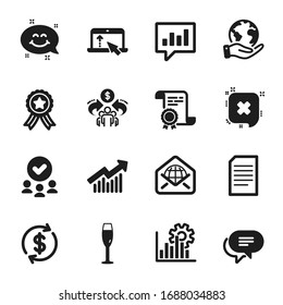 Conjuntos de iconos de negocio, como intercambio de dólares, correo web. Certificado, grupo aprobado, salvar planeta. Economía compartida, curva de demanda, chat analítico. Mensaje de texto, Subir, Documento. Vector