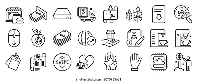 Set of Business icons, such as Dollar, Coffee maker, Algorithm icons. Loyalty program, Truck parking, Report document signs. Swipe up, Income money, World statistics. Atm money, Mini pc. Vector