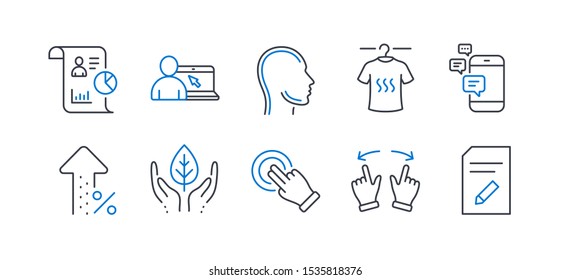 Set of Business icons, such as Dry t-shirt, Head, Communication, Report, Increasing percent, Touchscreen gesture, Online education, Move gesture, Fair trade, Edit document line icons. Vector