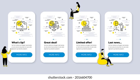 Set of Business icons, such as Eco organic, Work home, Smile icons. UI phone app screens with people. Bitcoin project line symbols. Bio ingredients, Freelance work, Positive feedback. Vector