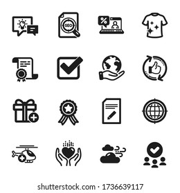 Set of Business icons, such as Edit document, Windy weather. Certificate, approved group, save planet. Idea lamp, Checkbox, Seo internet. Medical helicopter, Clean t-shirt, Hold heart. Vector