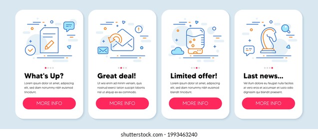 Set of Business icons, such as Edit document, Water cooler, Send mail symbols. Mobile screen banners. Marketing strategy line icons. Page with pencil, Office drink, Sent message. Chess knight. Vector