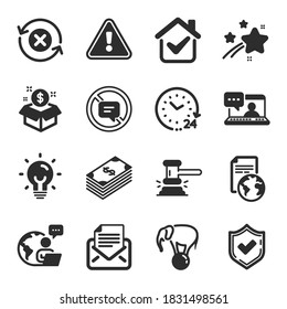 Set of Business icons, such as Elephant on ball, Translation service, Mail correspondence symbols. Judge hammer, 24 hours, Reject refresh signs. Friends chat, Post package, Confirmed. Vector