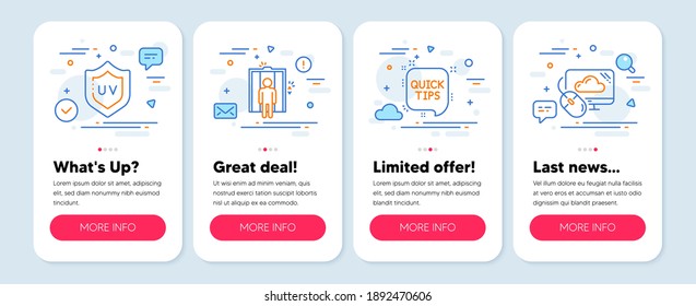 Conjunto de iconos de la empresa, como Ascensor, Consejos rápidos, símbolos de protección Uv. Banners de pantalla móvil. Iconos de la línea de computación en nube. Ascensor, trucos útiles, crema de piel. Almacenamiento de ordenadores. Vector