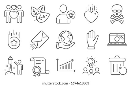 Set of Business icons, such as E-mail, Hand. Diploma, ideas, save planet. Chemical hazard, Chart, User idea. Love couple, Recovery trash, Seo laptop. Organic tested, Heart, Fireworks. Vector