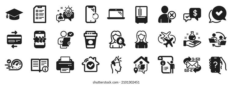 Set of Business icons, such as E-mail, Work home, Star icons. Connecting flight, Payment received, Graduation cap signs. Woman, Credit card, Customer survey. Approved, Technical info, Idea. Vector