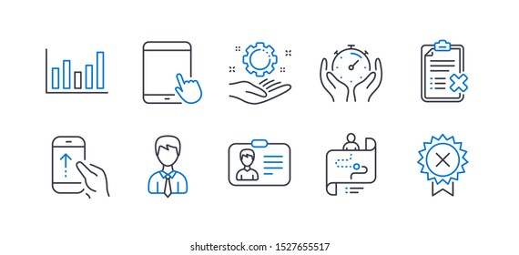 Set Of Business Icons, Such As Employee Hand, Journey Path, Column Chart, Timer, Identification Card, Businessman, Reject Checklist, Swipe Up, Tablet Pc, Reject Medal Line Icons. Vector