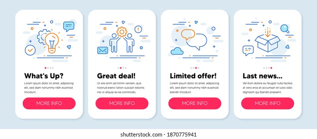 Set of Business icons, such as Employees teamwork, Idea gear, Chat message symbols. Mobile screen app banners. Get box line icons. Collaboration, Technology process, Speech bubble. Vector