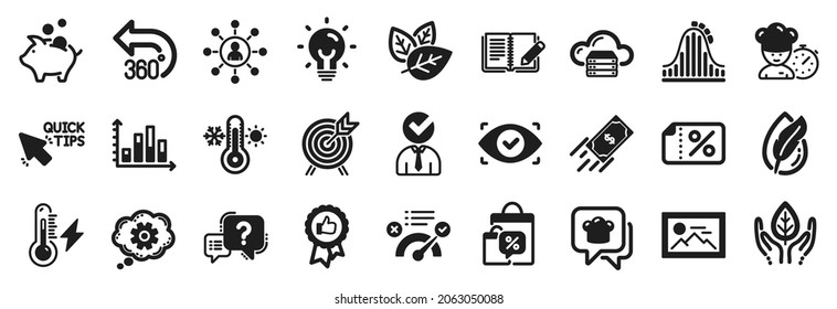 Set of Business icons, such as Energy, Organic tested, Cogwheel icons. Question mark, Chef, Fair trade signs. Feedback, Quick tips, Thermometer. Cloud server, Sale bags, Correct answer. Vector