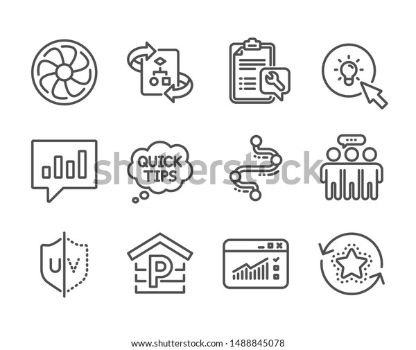 Set of Business icons, such as Energy, Uv\
protection, Technical algorithm, Web traffic, Parking, Loyalty\
points, Employees group, Spanner, Fan engine, Analytical chat,\
Timeline, Quick tips.\
Vector