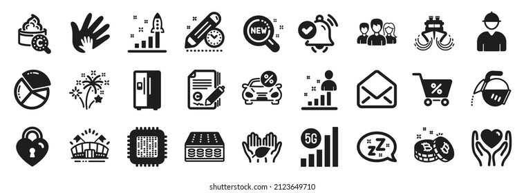 Set of Business icons, such as Engineer, Stats, Cpu processor icons. Coffee pot, Car leasing, Development plan signs. Sports arena, Sleep, Mattress. Hold heart, Teamwork, Fireworks. Mail. Vector