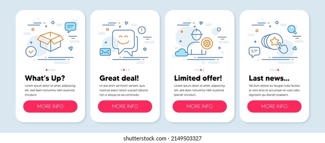 Set of Business icons, such as Engineer, Opened box, Smile face symbols. Mobile app mockup banners. Hold heart line icons. Worker with cogwheel, Shipping parcel, Chat. Love brand. Vector