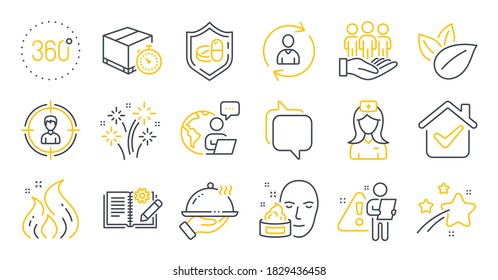 Set of Business icons, such as Engineering documentation, Medical tablet, Messenger symbols. Face cream, Organic product, Restaurant food signs. Delivery timer, Fire energy, Hospital nurse. Vector