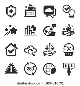 Set Of Business Icons, Such As Environment Day, Cloud Computing, Justice Scales Symbols. Last Minute, Decreasing Graph, Medical Shield Signs. Chemistry Lab, Employee Benefits, 360 Degrees. Vector