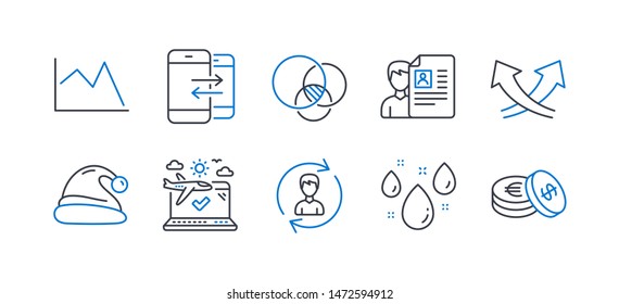 Set of Business icons, such as Euler diagram, Phone communication, Santa hat, Rainy weather, Human resources, Line chart, Airplane travel, Intersection arrows, Job interview, Savings. Vector