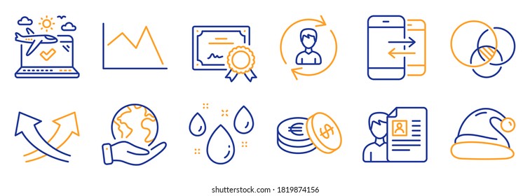 Set of Business icons, such as Euler diagram, Phone communication. Certificate, save planet. Santa hat, Rainy weather, Human resources. Line chart, Airplane travel, Intersection arrows. Vector