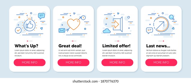 Set of Business icons, such as Exit, Like hand, Love symbols. Mobile app mockup banners. Direction line icons. Escape, Thumbs up, Valentines day. Navigation pointer. Exit icons. Vector